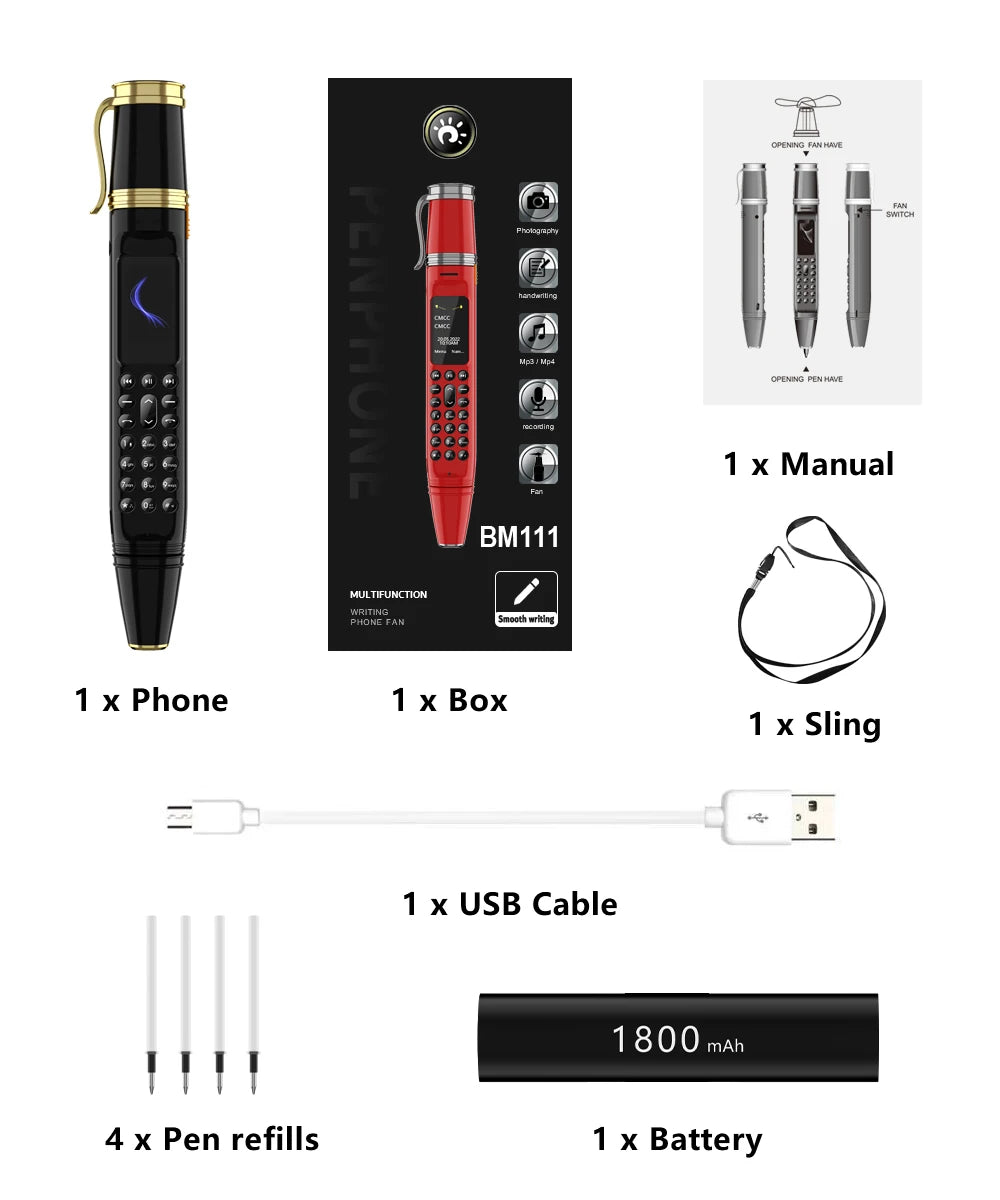 SERVO BM111 Pen Phone Portable Fan 3-in-1 Mobile Phone Dual SIM Bluetooth Dial Recorder Magic Voice Pen Style Telephone Original